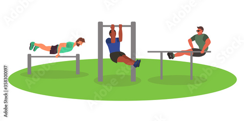 Men taking physical activity in outdoor park. Training, street workout, exercises. Active sports in a city park on the playground. Flat style vector illustration.