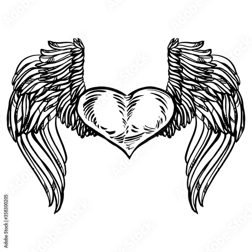 Graphic old school rockabilly tattoo style illustration of stylized flying heart with angel wings. Realistic detailed hand drawn art of love symbol. Design for t-shirt, clothes, card print.