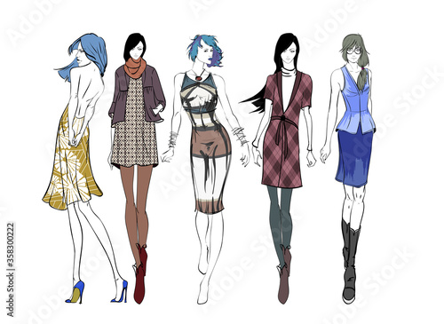 Beautiful young women in modern style.. Hand drawn stylish woman portrait. Fashion lady. Festive outfit. Sketch. Fashion model posing in dress. Hand drawn fashion woman.