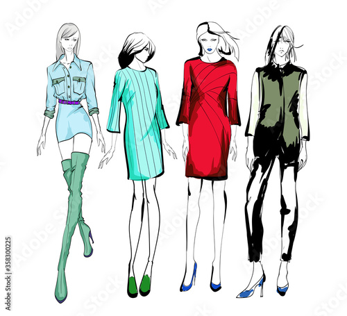 Beautiful young women in modern style.. Hand drawn stylish woman portrait. Fashion lady. Festive outfit. Sketch. Fashion model posing in dress. Hand drawn fashion woman.
