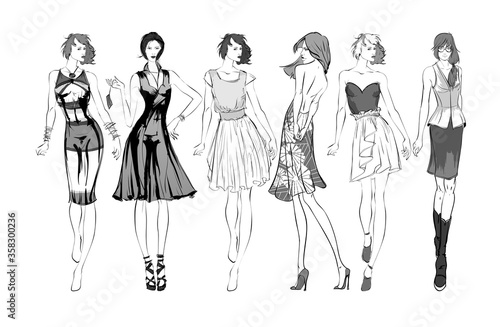 Beautiful young women in modern style.. Hand drawn stylish woman portrait. Fashion lady. Festive outfit. Sketch. Fashion model posing in dress. Hand drawn fashion woman.