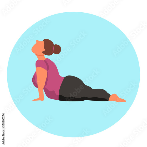 Character  - curvy woman doing yoga - vector flat illustration. Body positive.