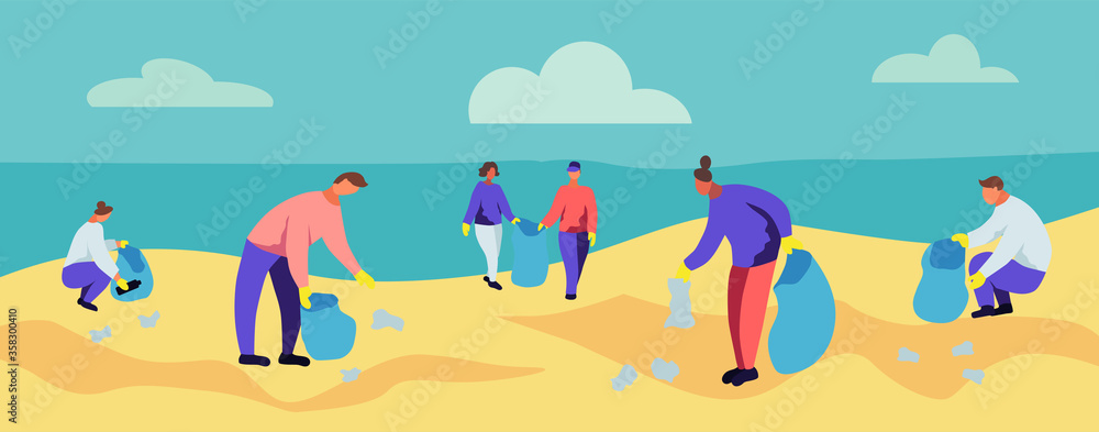 People Collecting Trash into Bags on Beach. Pollution of Seaside with Different Kinds of Garbage. Volunteers Clean Up Wastes on Ocean Coast. Ecology Protection Concept Cartoon Flat Vector Illustration People Collecting Trash into Bags on Beach. Pollution of Seaside with Different Kinds of Garbage. Volunteers Clean Up Wastes on Ocean Coast. Ecology Protection Concept Cartoon Flat Vector Illustration