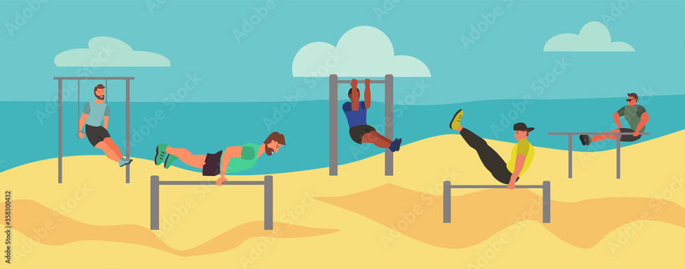 Men taking physical activity  on the Beach. Training, street workout, exercises. Active sports on Seaside on the playground. Flat style vector illustration.
