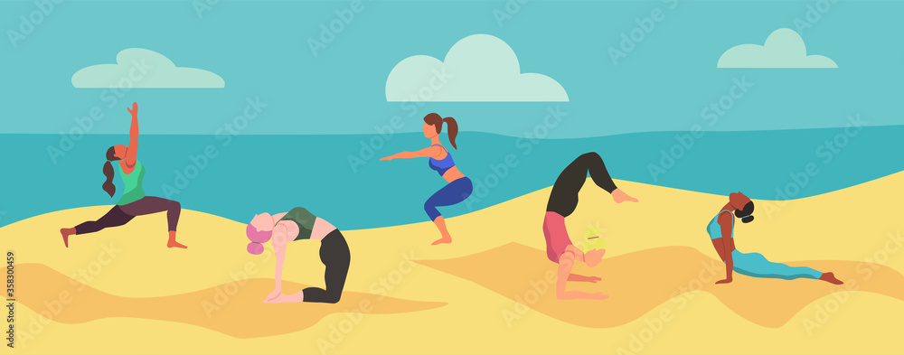 Women do yoga on the beach. Active sports on the Seaside. Flat style vector illustration.