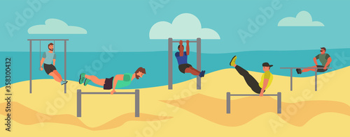 Men taking physical activity on the Beach. Training, street workout, exercises. Active sports on Seaside on the playground. Flat style vector illustration.
