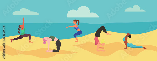 Women do yoga on the beach. Active sports on the Seaside. Flat style vector illustration.