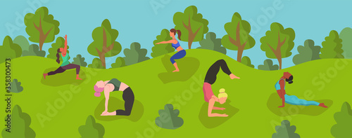 Women do yoga in outdoor park. Active sports on Seaside. Flat style vector illustration.