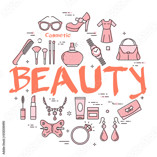 White banner of woman accessories with red text Beauty
