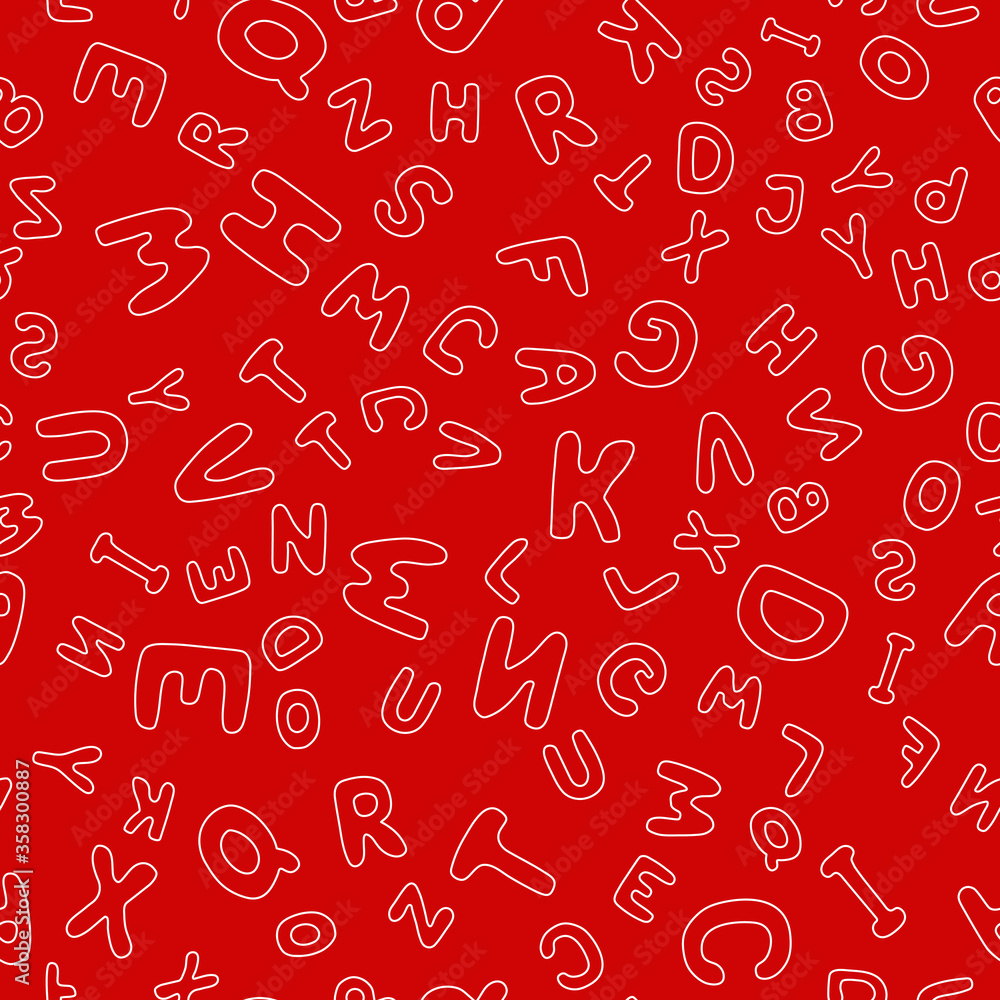 Seamless pattern letters of the English alphabet Christmas colors. White letters on a red background. Vector illustration. Design, web banner, wrapping paper, postcards.