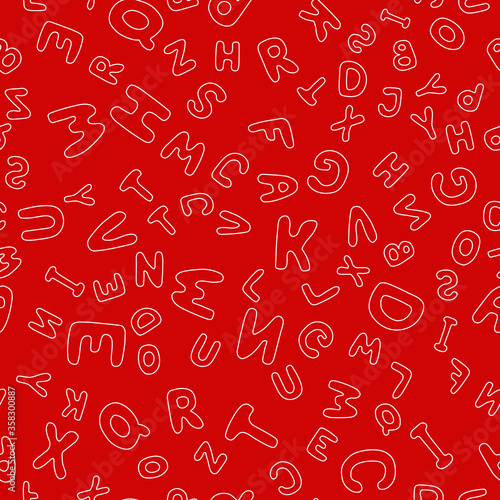 Seamless pattern letters of the English alphabet Christmas colors. White letters on a red background. Vector illustration. Design, web banner, wrapping paper, postcards.