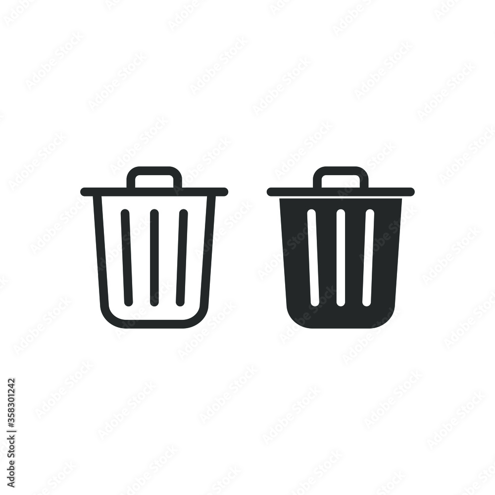 Trashcan icon. Carbage can symbol. Flat shape delete sign. Trash container and recycling bin logo. Vector illustration image. Isolated on white background. Trashcan icon. Carbage can symbol. Flat shape delete sign. Trash container and recycling bin logo. Vector illustration image. Isolated on white background.