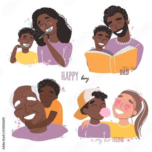 Family and childhood concept. parents hug a child. boy with best friends. an elderly man is having fun with his grandson