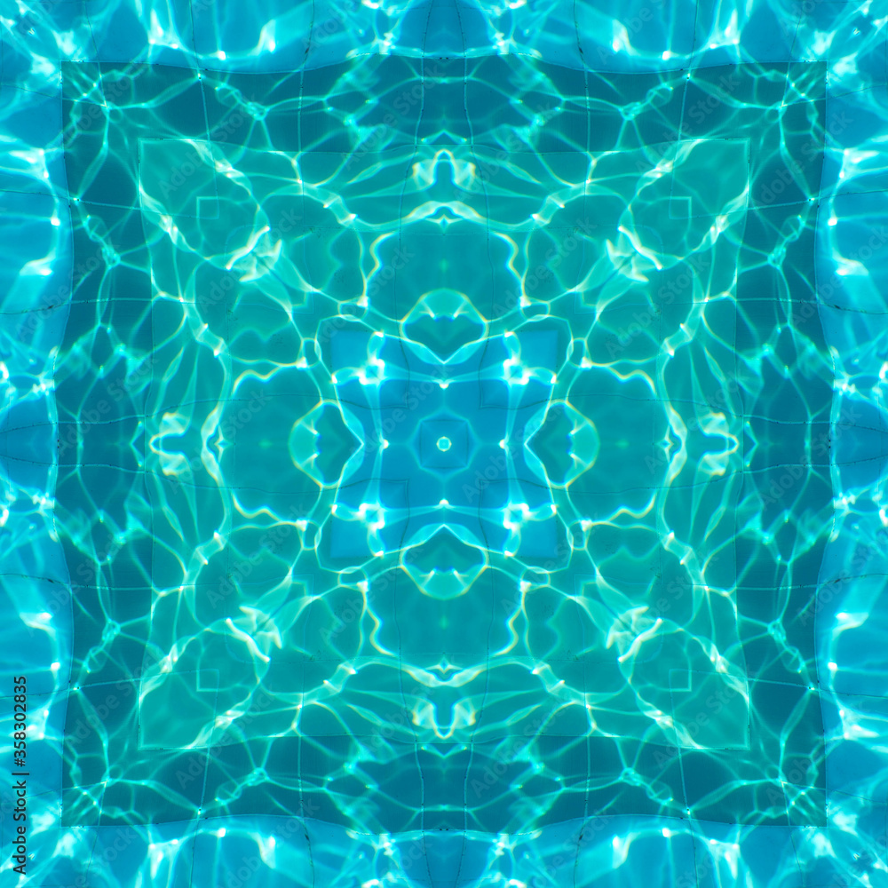 abstract background of pattern of kaleidoscope. white blue turquoise background fractal mandala. kaleidoscopic arabesque