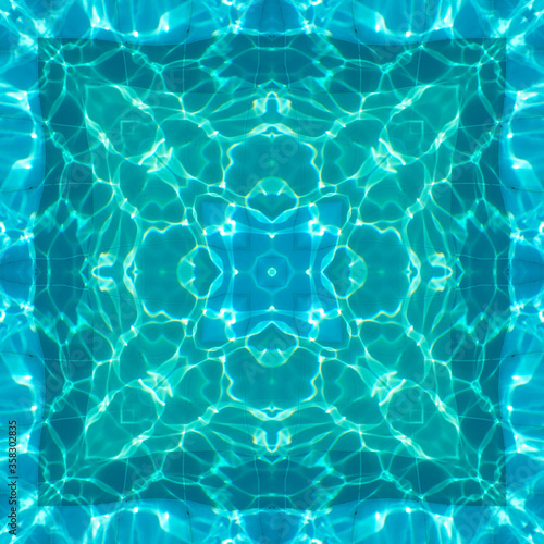 abstract background of pattern of kaleidoscope. white blue turquoise background fractal mandala. kaleidoscopic arabesque