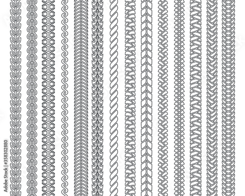 Lineart decoration chain braid ornament belt plait isolated pattern border seamless set design vector illustration