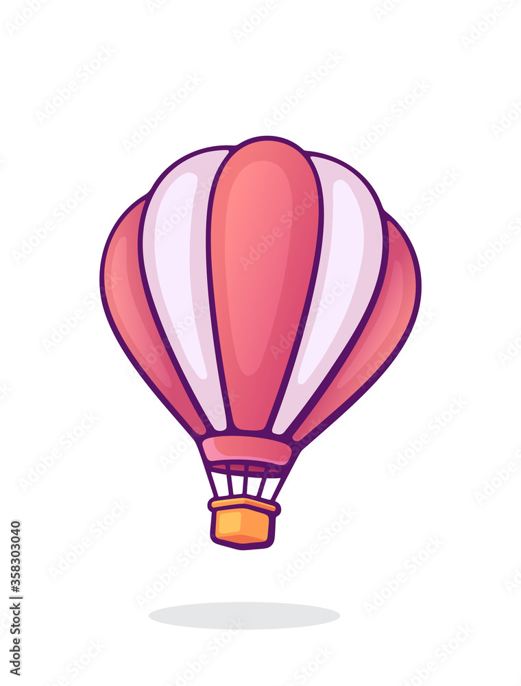 Flying hot air balloon with pink and white stripes. Summer journey by air transport. Romantic travel on aerostat. Cartoon vector illustration with outline. Clip art Isolated on white background Flying hot air balloon with pink and white stripes. Summer journey by air transport. Romantic travel on aerostat. Cartoon vector illustration with outline. Clip art Isolated on white background