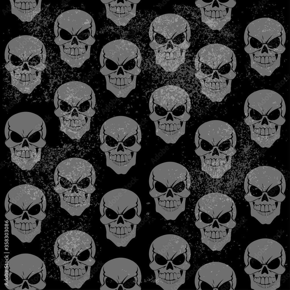 Seamless grunge pattern of gray grinning skulls on black background
