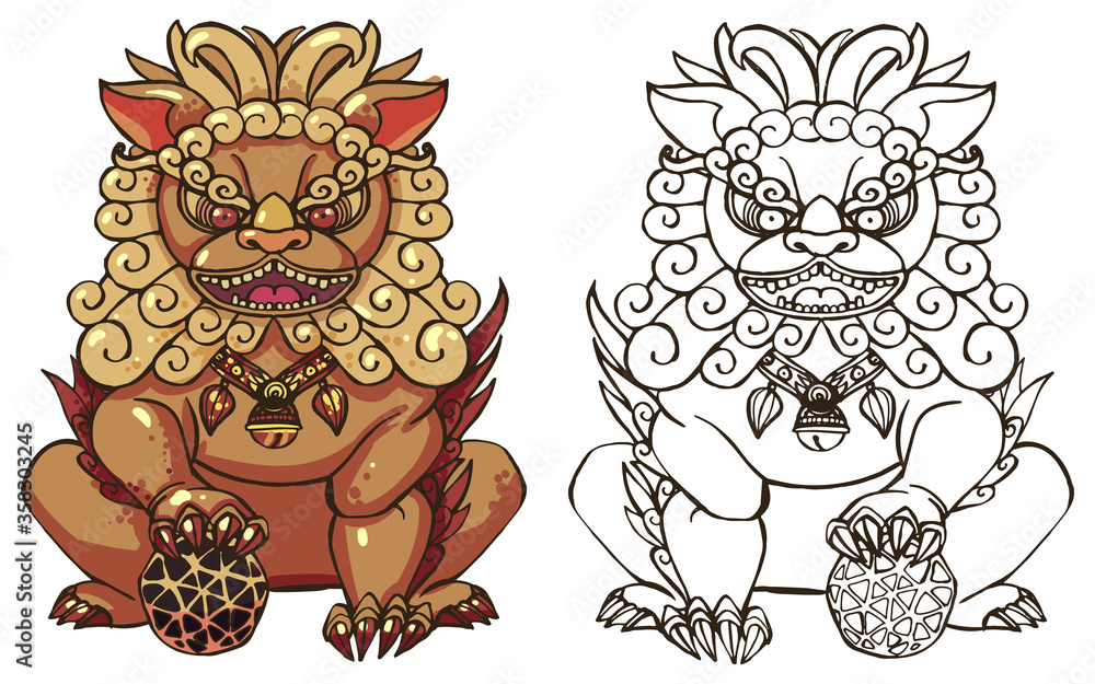 Realistic detailed hand drawn illustration of stylized chinese foo dog