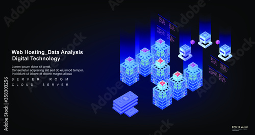 Big data analysis. Processing and calculation of large volumes of information. Computing flows, hosting, server room in isometric view