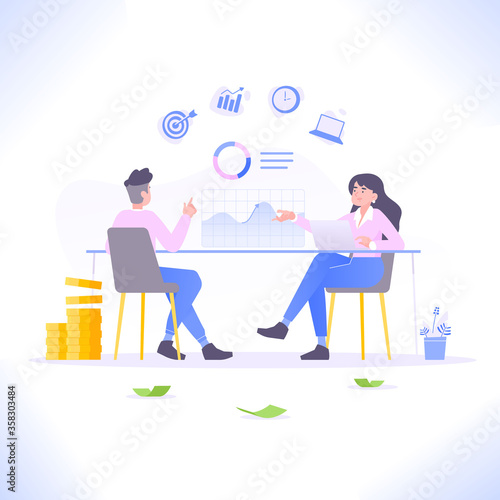 Financial consultation service or financial advisor meeting concept. Client sitting at desk and business consultant gives professional help to client, vector illustration