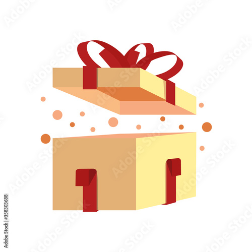 Open gift box with magic balls around. Golden box with red ribbon. Vector