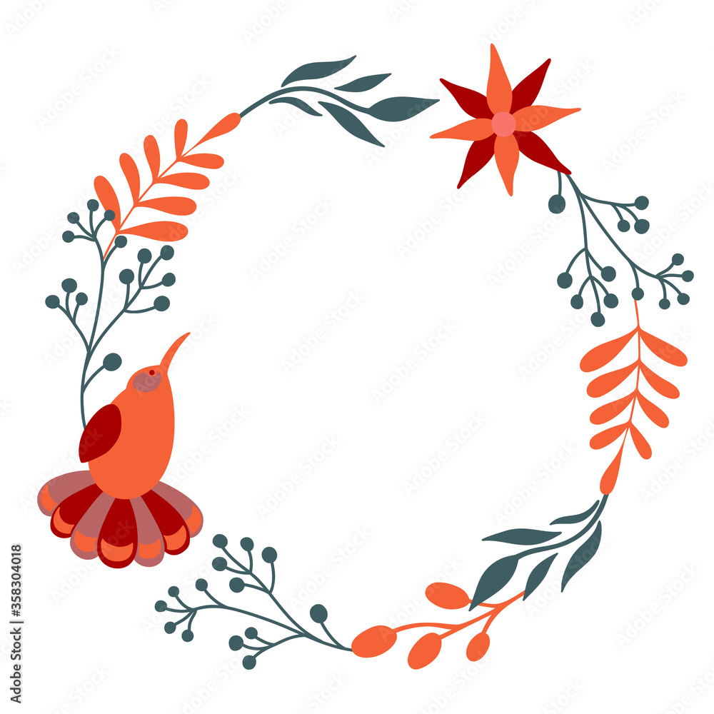 Fototapeta Beautiful Floral wreath with bird. Vector decorative round frame with stylised flowers and bird. Decoration in naive Scandinavian style.