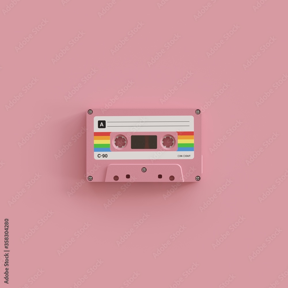 Pink cassette tape with blank label. Front view. - obrazy, fototapety, plakaty 