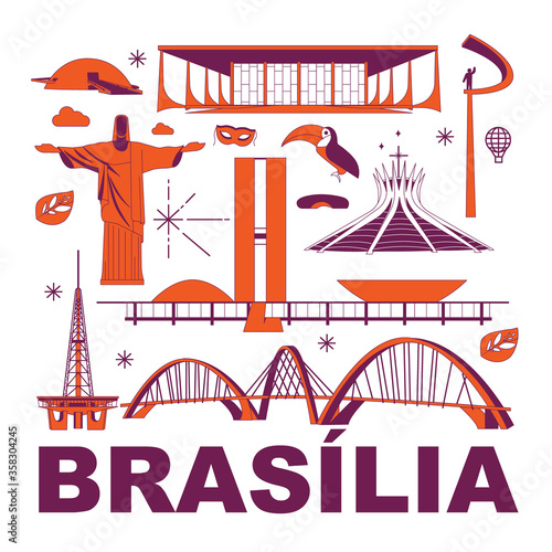 Brasilia culture travel set, famous architectures and specialties in flat design. Business Brazilian tourism concept clipart. Image for presentation, banner, website, advert, flyer, roadmap, icons