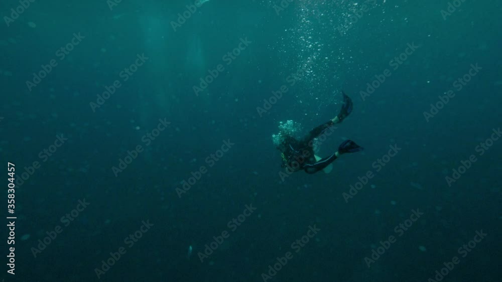 Slow motion of scuba diver swimming in beautiful deep ocean during vacation - Belize City, Belize Slow motion of scuba diver swimming in beautiful deep ocean during vacation - Belize City, Belize