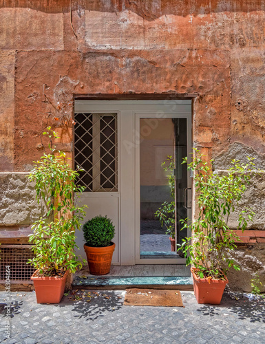 vintage house exterior with white entrance door on ocher wall and flower pots, Rome Italy