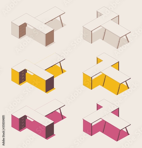 Isometric fullcolor outline set of office desks in various foreshortening views