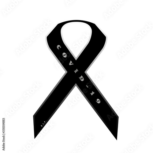 Lazo negro con la inscripción Covid-19 en homenaje por los afectados por la pandemia del coronavirus. Crespón negro en memoria de los fallecidos por el virus de la Covid-19. 