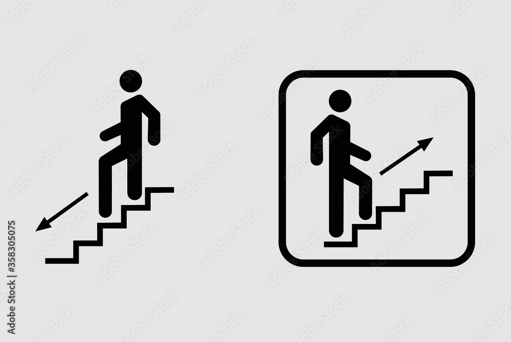 Upstairs-downstairs icon sign. Walking man in the stairs. Career symbol. flat design. Vector illustration. Upstairs-downstairs icon sign. Walking man in the stairs. Career symbol. flat design. Vector illustration.