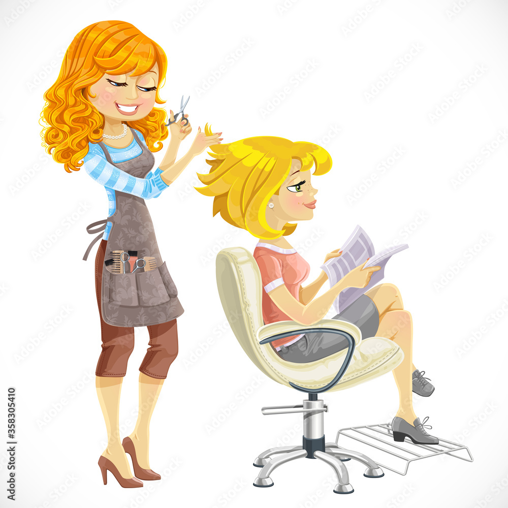 Hairdresser does a hairstyle to the client isolated on a white background Hairdresser does a hairstyle to the client isolated on a white background