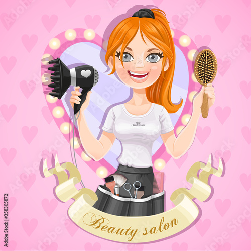 Beautiful redhead hairdresser girl with hair dryer in the framework-medallion beauty salon
