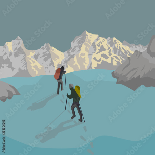 Retro vintage poster two climbers in winter in the mountains