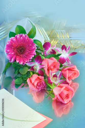 Wallpaper Mural Bouquet of pink roses, orchids and gerberas on a white background Torontodigital.ca