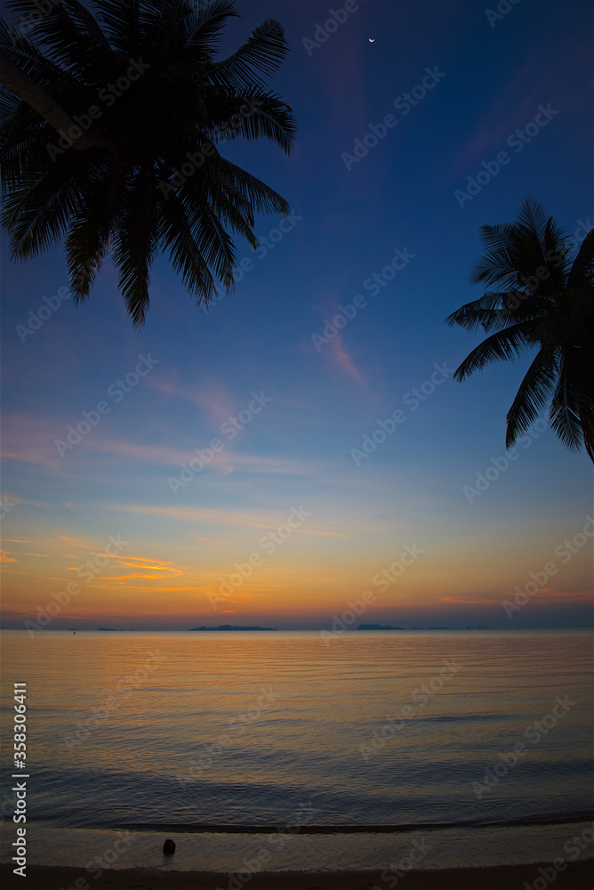 vertical photo, sunset and night moon on the beach on Koh Samui in Thailand, coconut trees silhouettes, sunbathing and swimming in the sea, ocean and sky, relaxation and enjoyment