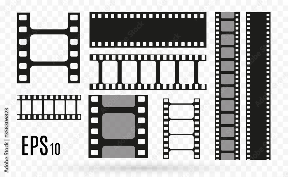 Set of film vector stripes isolated on transparent background.Film strip roll. Vector cinema background. Set of film vector stripes isolated on transparent background.Film strip roll. Vector cinema background.