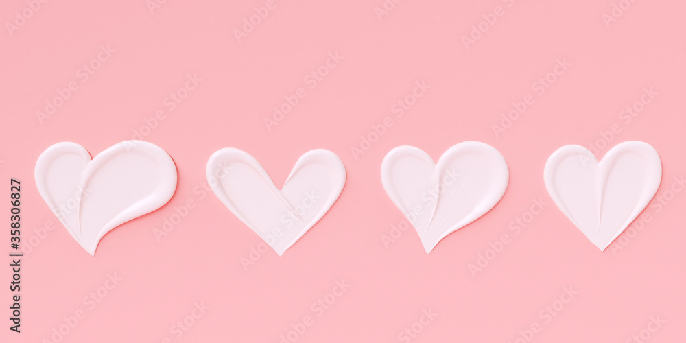 Love girly background. Cosmetic cream pastel pink and white template banner with heart shape smears. 3d rendering.
