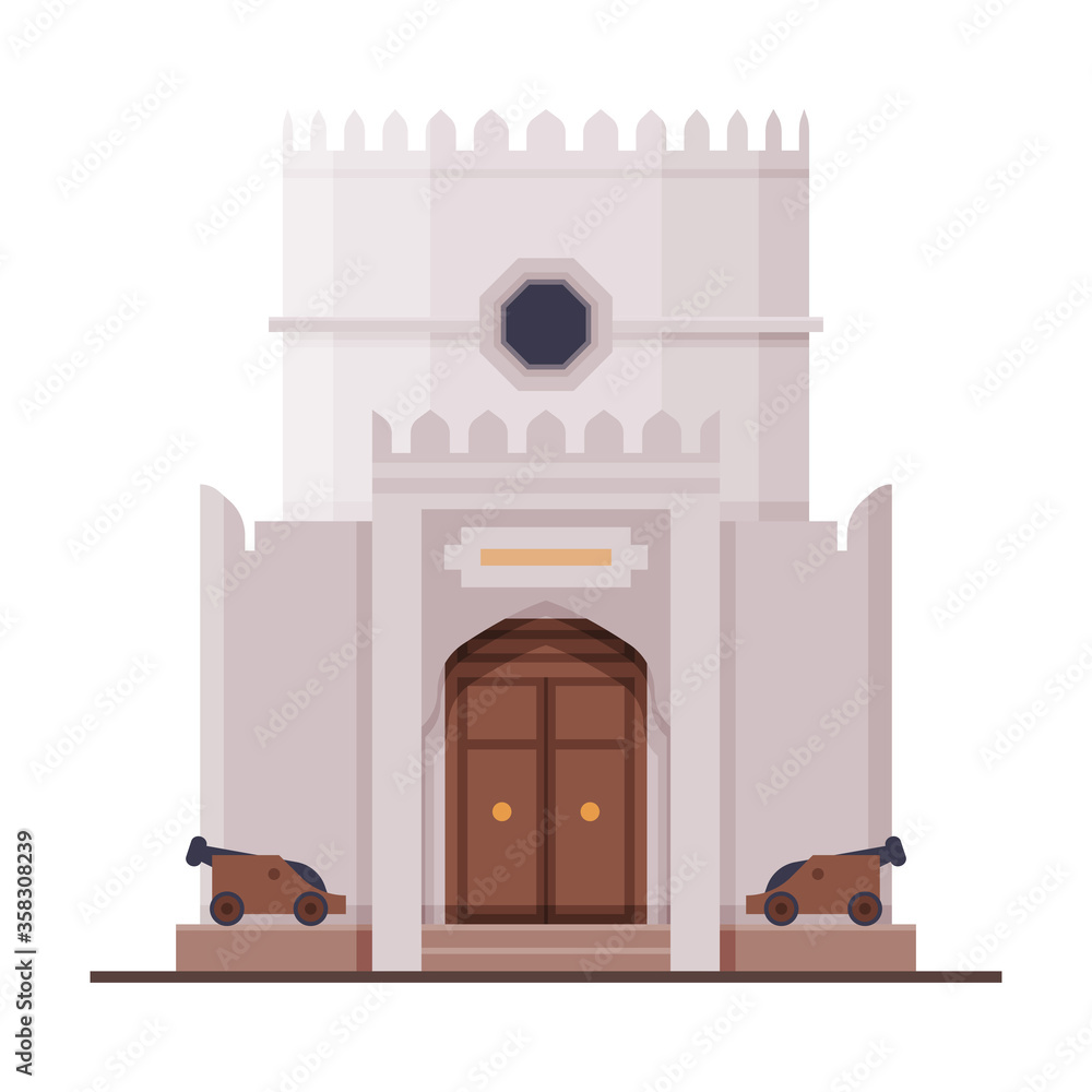 Fototapeta premium Beit Al Zubair Muscat City Architecture, Oman Country Famous Landmark, Medieval Historical Building Flat Vector Illustration