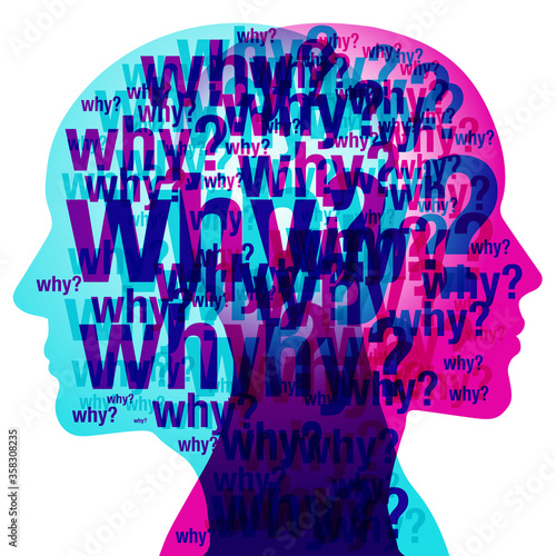 A male and female side silhouette positioned back to back, overlaid with various sized semi-transparent “why?” question text elements.