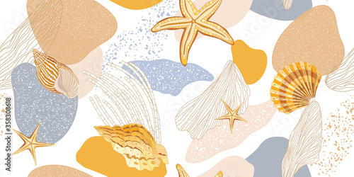 Trendy abstract pattern with golden shells and seaweed. Marine ornament. Vector illustration. Can be used for fabric, textile, manufacturing, wallpapers.