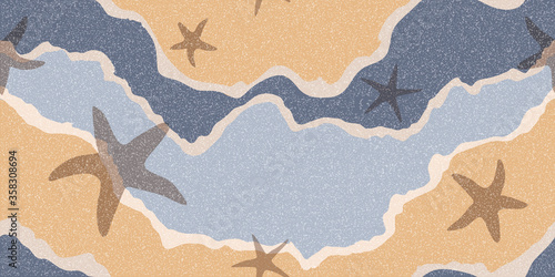 Modern abstract marine pattern. Waves and starfish. Textural seamless pattern