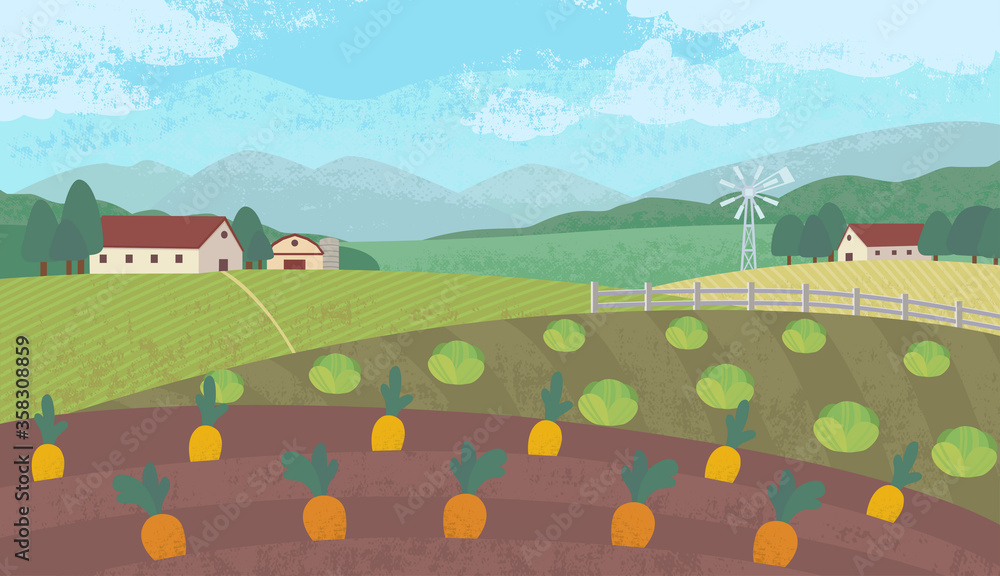 Vetor de Vector illustration with farm landscape growing cabbage and carrot  crops in cartoon style. Outdoor landscape background. Spring farm field  scene for banner or poster design. do Stock | Adobe Stock