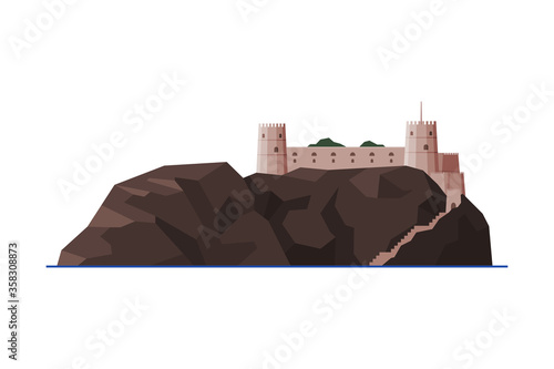 Mirani Fort, Muscat City Architecture, Oman Country Famous Landmark, Medieval Historical Building Flat Vector Illustration