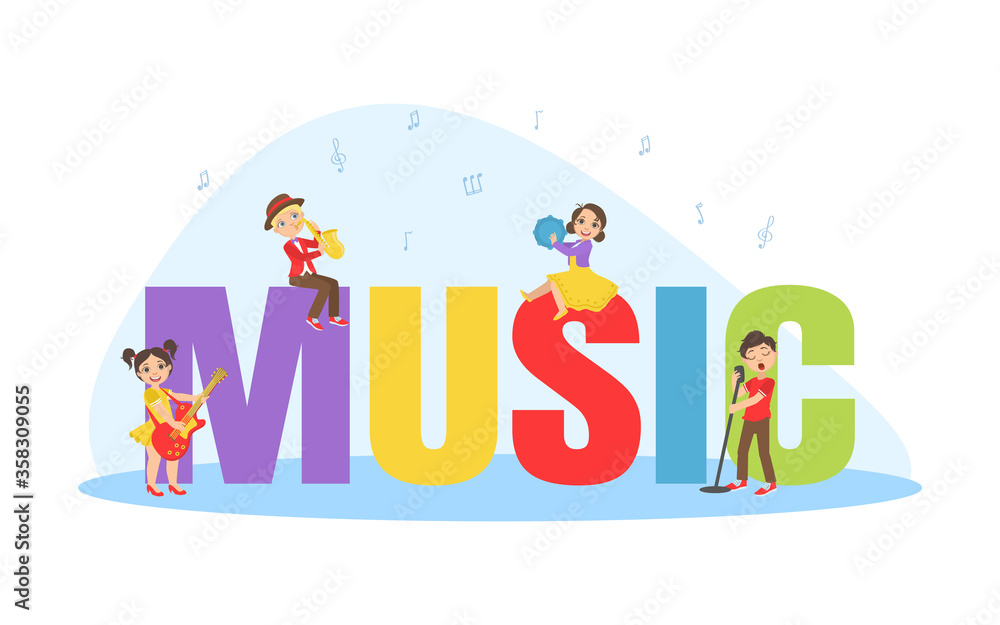 Fototapeta premium Music Big Word with Cute Children Playing Musical Instrumens Vector Illustration