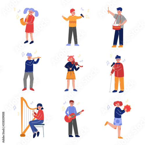 Teen Children Playing Different Musical Instruments and Singing, Talented Boys and Girls Playing Guitar, Violin, Drum, Flute, Saxophone, Harp, Guitar, Tambourine Vector Illustration