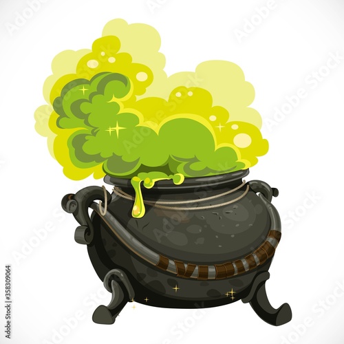 Witches cauldron with green potion and steam isolated on white background